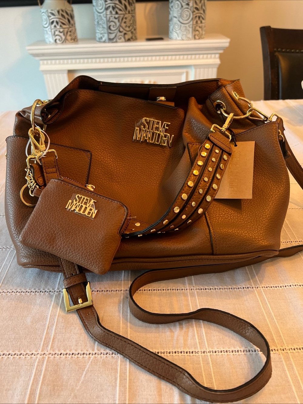 Steve Madden Brown Textured Bag with Studded Strap and Wallet Hazelnut